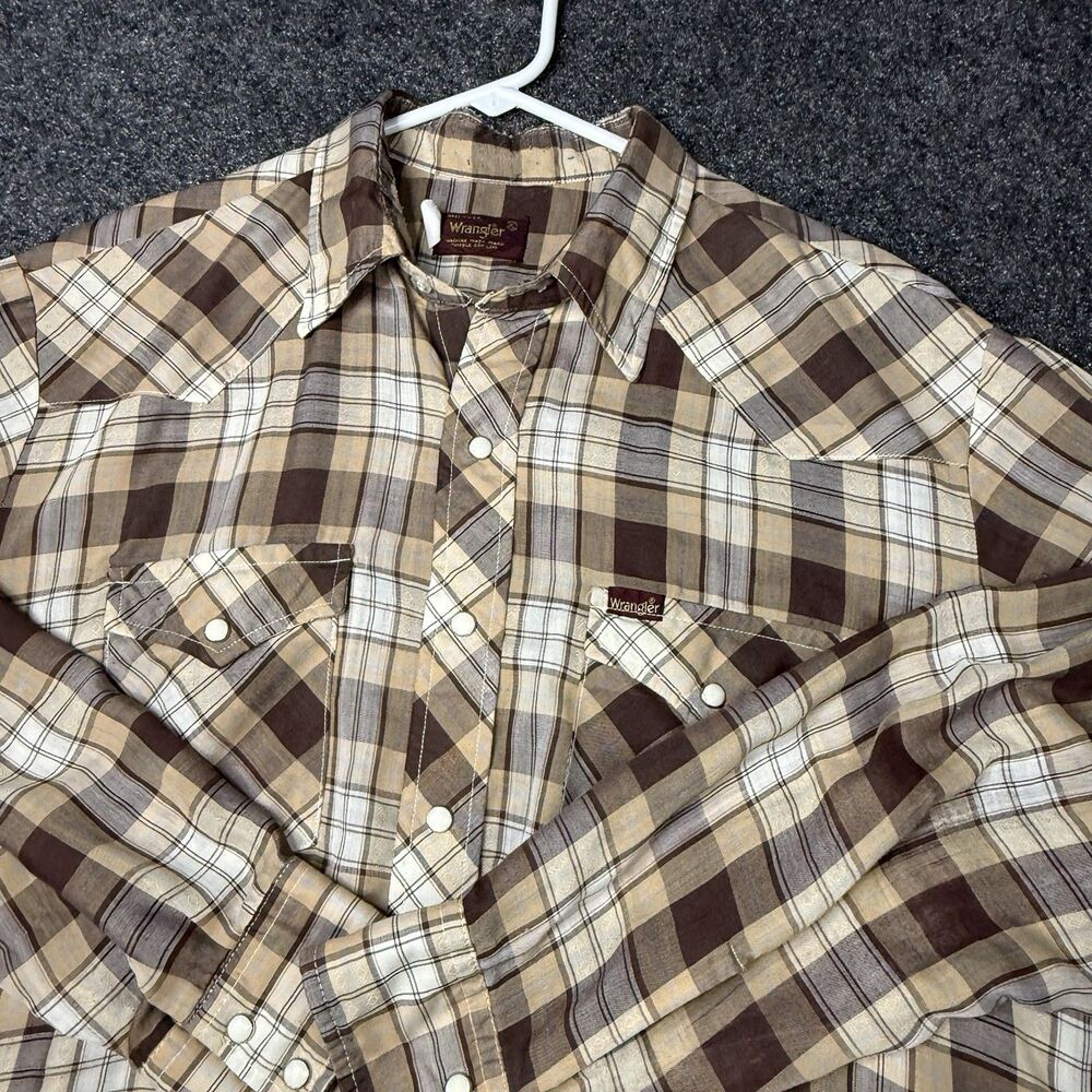 VTG 80s Wrangler Shirt Mens Large Pearl Snap Brown Plaid Long Sleeve Western